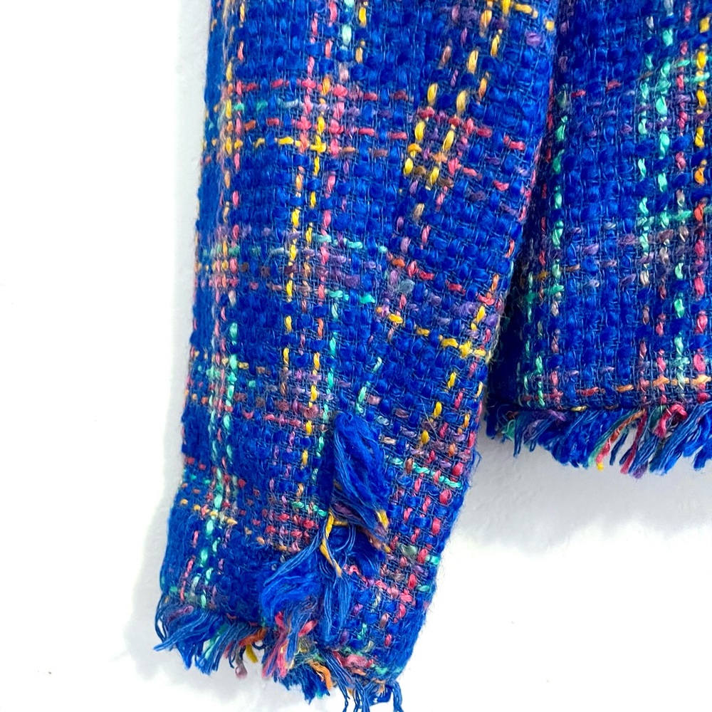 Vintage Bright Blue Plaid Neon Pink Green Business Fringe Blazer Suit Coat - Picture 10 of 14